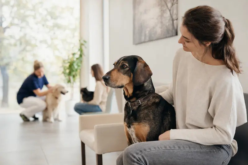 Ein Illyrischer Laufhund sitzt ruhig neben seinem Besitzer im hellen Wartezimmer einer modernen Tierarztpraxis.